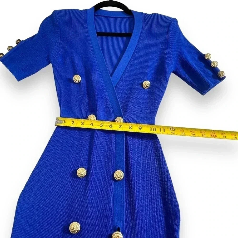 Vanity Couture Marishka Deep V Button Up Knit Dress Royal Blue Gold Buttons - Picture 12 of 14